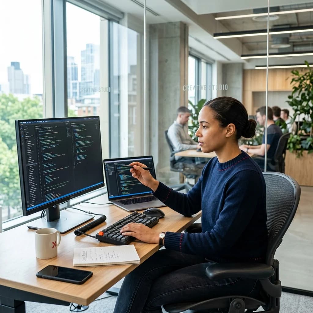 Vetted engineer reviewing project code in a minimal glass office